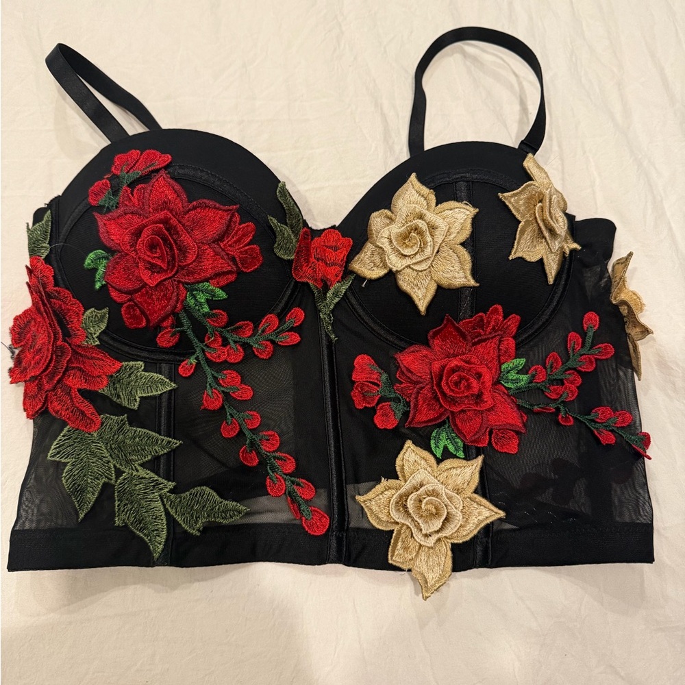 Black Floral Embroidered Bustier